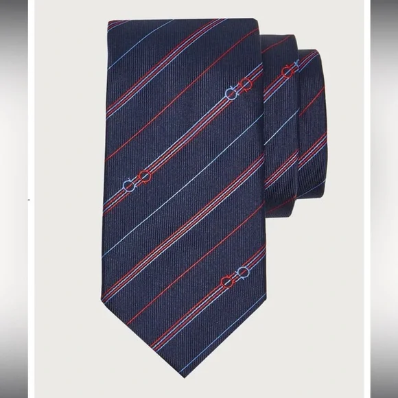 SALVATORE FERRAGAMO MENS SILK STRIPE TIE WITH LOGO NAVY BLUE NWT